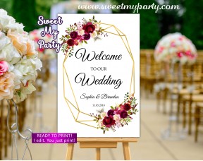 Geometric Wedding Welcome Sign,Burgundy Wedding Welcome sign,(116w)